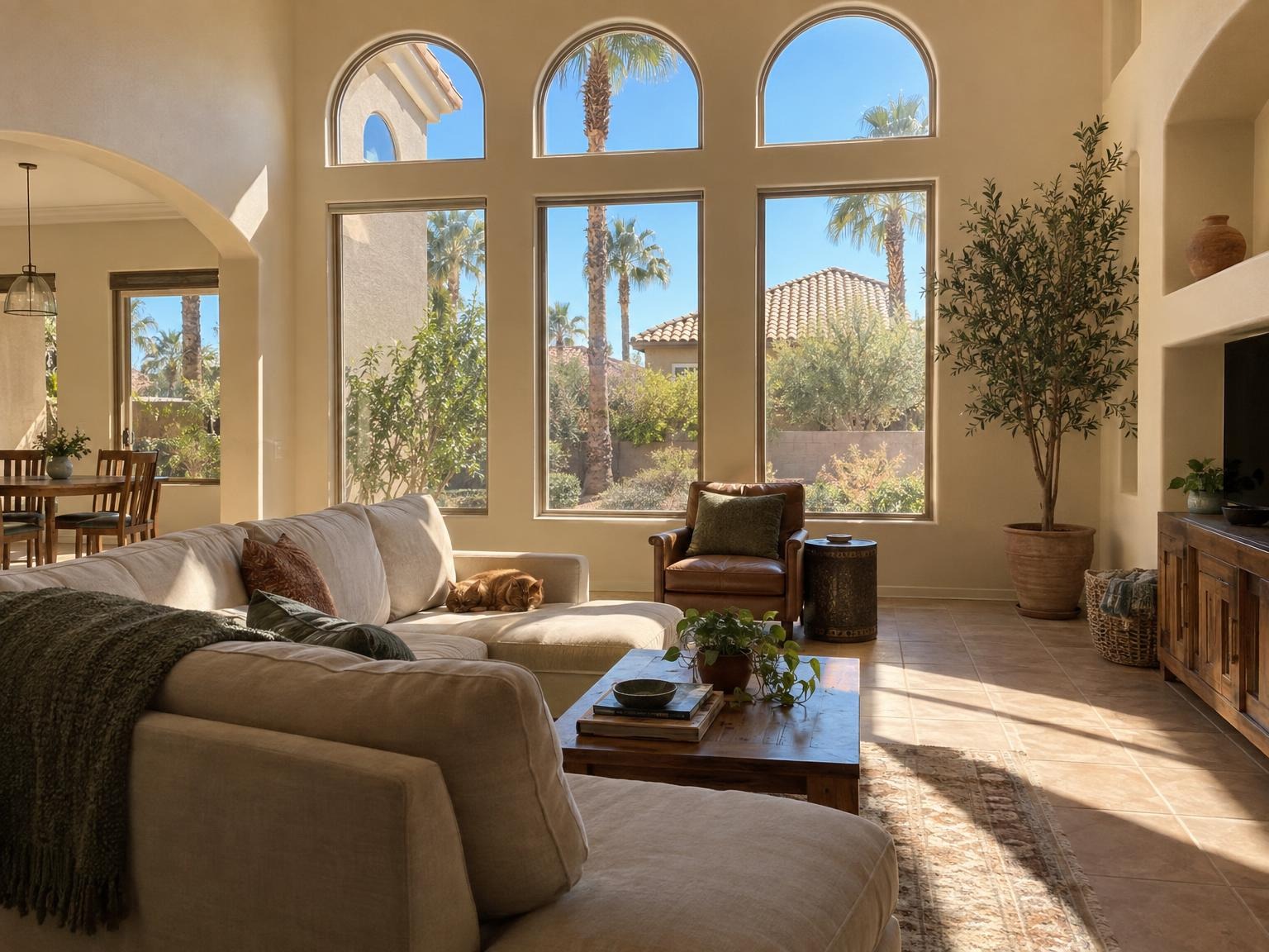 Great room with tall arched windows in morning sun