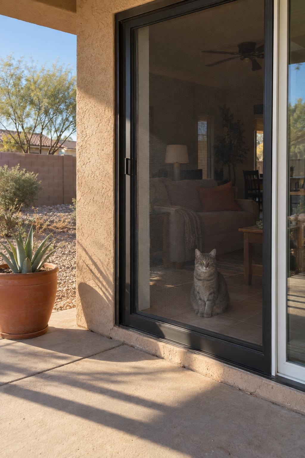 A new patio screen door with a cat looking out