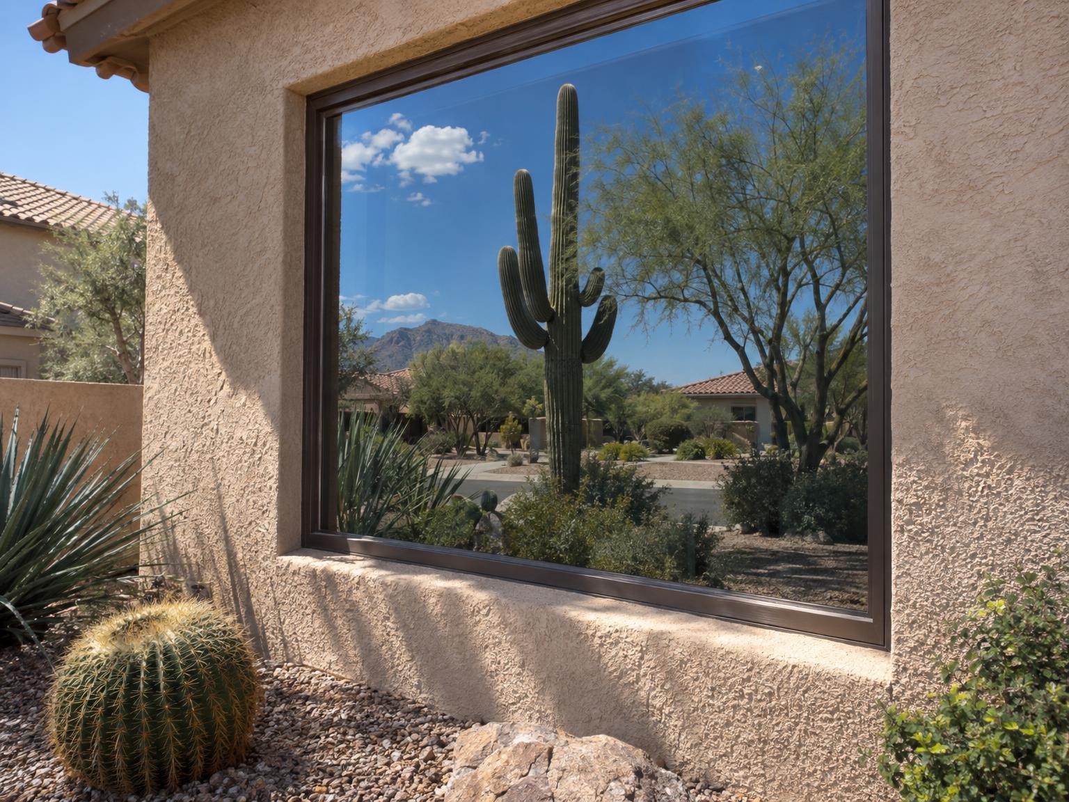 Clean picture window reflecting a saguaro and blue sky